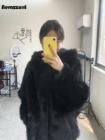 Nerazzurri Autumn Winter Oversized White Black Warm Shaggy Hairy Faux Fur Coat Women with Hood Loose Casual Fluffy Jacket 2023 - Image 4