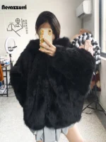 Nerazzurri Autumn Winter Oversized White Black Warm Shaggy Hairy Faux Fur Coat Women with Hood Loose Casual Fluffy Jacket 2023 - Image 6