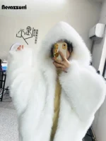 Nerazzurri Autumn Winter Oversized White Black Warm Shaggy Hairy Faux Fur Coat Women with Hood Loose Casual Fluffy Jacket 2023 - Image 3