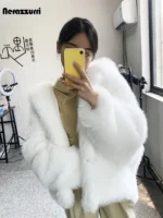 Nerazzurri Autumn Winter Oversized White Black Warm Shaggy Hairy Faux Fur Coat Women with Hood Loose Casual Fluffy Jacket 2023 - Image 2