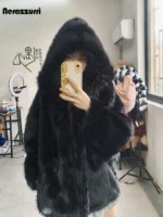 Nerazzurri Autumn Winter Oversized White Black Warm Shaggy Hairy Faux Fur Coat Women with Hood Loose Casual Fluffy Jacket 2023 - Image 5