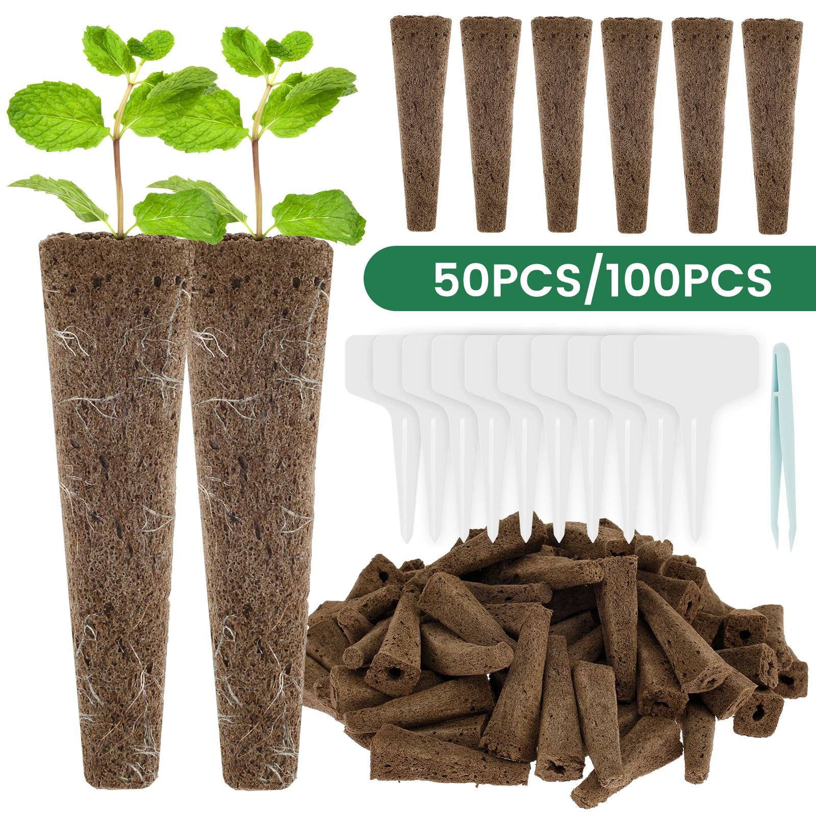 kf-S7356dc7d45b5409191af86c1d4331a374 50/100Pcs Seed Grow Sponges Hydroponic Pods Kit with Plant Labels Replacement Root Growth Sponges Indoor Gardening Accessories - Image 1