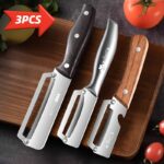 Set de 3 bucăți de curățătoare multifuncționale, lame din oțel inoxidabil îngroșat, decojește atât cojile moi, cât și cele dure, curățător pentru cartofi, morcovi, roșii, fructe și legume, unealtă de curățat pentru bucătărie, esențial portabil pentru acasă și călătorii - Image 2