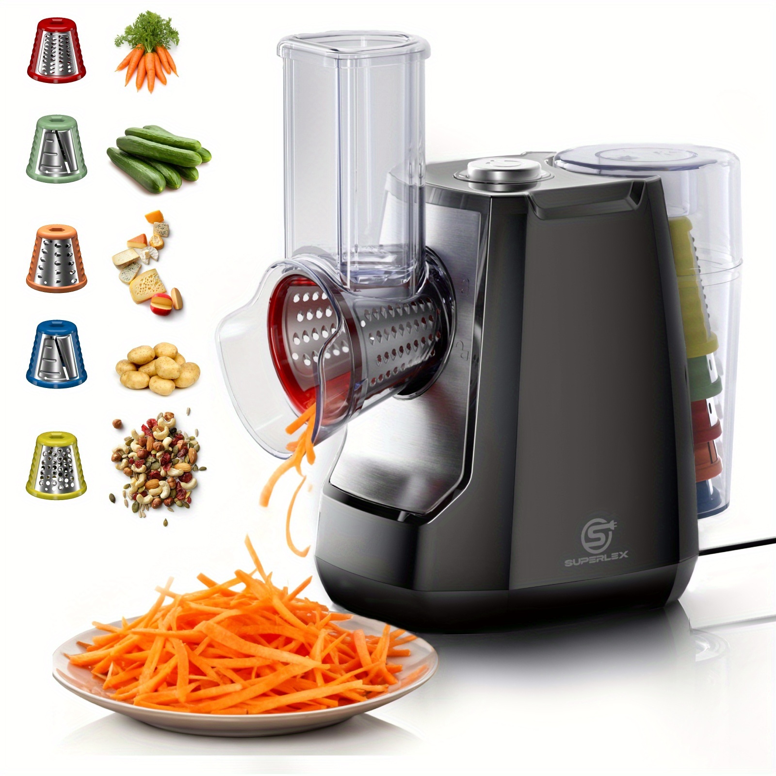 product-fancy-b0f489d7-9425-4f6c-bdcb-b21c1398c5d9 SUPERLEX Răzătoare Electrică Multifuncțională pentru Salate, Mașină Electrică de Feliat Legume cu 5 Lame de Tambur Interschimbabile, Răzătoare de Brânză pentru Fructe și Legume Morcovi Nuci Răzătoare de Bucătărie - Image 1