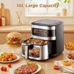 Combinație cuptor friteuză cu aer de 10L XXL, cuptor prăjitor digital 11-în-1 cu ecran tactil color și fereastră de vizualizare, capacitate potrivită pentru friptură, prăjire, deshidratare, coacere, accesorii sigure pentru mașina de spălat vase, compatibil cu grătar, prăjitor - Image 2