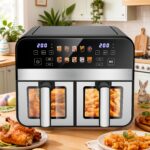 10.5L Friteuză cu Aer DualZone 10-în-1 cu 2 Coșuri Independente, Ferestre Vizibile, Gătire și Sincronizare pentru Deshidratare, Dezghețare, Prăjire, Coacere, Reîncălzire și Mai Mult pentru Mese Rapide și Ușoare, Antiaderentă și Sigură în Mașina de Spălat Vase