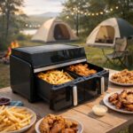 10L Mini Friteuză cu Aer Nouă pentru Acasă, Friteuză cu Aer cu 2 Camere, Zonă Duală, Friteuză cu Aer cu Camere Suprapuse, Ecran Tactil și Timer, Coșuri Sigur pentru Spălare în Mașină de Spălat Vase