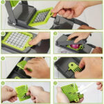 Set de tăiat manual pentru legume 16 în 1 cu 8 lame din oțel inoxidabil, recipiente, răzătoare și filtru - Ideal pentru pregătirea mesei, profesional pentru tăiat ceapa, morcovi și usturoi, esențial în bucătărie, pregătire legume | Gadget modern pentru bucătărie | Construcție din oțel inoxidabil, tăietor de legume - Image 6
