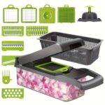 Set de tăiat manual pentru legume 16 în 1 cu 8 lame din oțel inoxidabil, recipiente, răzătoare și filtru - Ideal pentru pregătirea mesei, profesional pentru tăiat ceapa, morcovi și usturoi, esențial în bucătărie, pregătire legume | Gadget modern pentru bucătărie | Construcție din oțel inoxidabil, tăietor de legume - Image 3