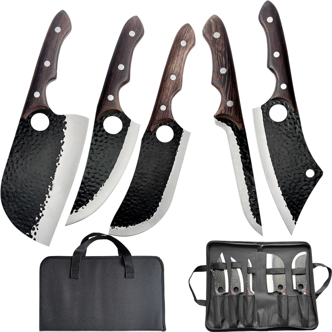 product-open-5d1f1a15f3d64201be0281369e56cc78-goods 5 buc. set cuțite de bucătar sârbesc, set cuțite măcelărești forjate manual cu husă, din oțel inoxidabil cu conținut ridicat de carbon, cuțite ascuțite pentru bucătărie, set cu toporișcă, cuțit pentru dezosat și cuțite vikinge pentru tăierea pieptului de vită - Image 1