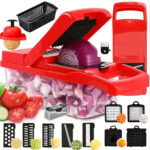 Set de tăiat manual pentru legume 16 în 1 cu 8 lame din oțel inoxidabil, recipiente, răzătoare și filtru - Ideal pentru pregătirea mesei, profesional pentru tăiat ceapa, morcovi și usturoi, esențial în bucătărie, pregătire legume | Gadget modern pentru bucătărie | Construcție din oțel inoxidabil, tăietor de legume - Image 4