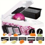 Set de tăiat manual pentru legume 16 în 1 cu 8 lame din oțel inoxidabil, recipiente, răzătoare și filtru - Ideal pentru pregătirea mesei, profesional pentru tăiat ceapa, morcovi și usturoi, esențial în bucătărie, pregătire legume | Gadget modern pentru bucătărie | Construcție din oțel inoxidabil, tăietor de legume - Image 5