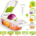 Set de tăiat manual pentru legume 16 în 1 cu 8 lame din oțel inoxidabil, recipiente, răzătoare și filtru - Ideal pentru pregătirea mesei, profesional pentru tăiat ceapa, morcovi și usturoi, esențial în bucătărie, pregătire legume | Gadget modern pentru bucătărie | Construcție din oțel inoxidabil, tăietor de legume - Image 2