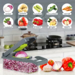 Set de tăiat manual pentru legume 16 în 1 cu 8 lame din oțel inoxidabil, recipiente, răzătoare și filtru - Ideal pentru pregătirea mesei, profesional pentru tăiat ceapa, morcovi și usturoi, esențial în bucătărie, pregătire legume | Gadget modern pentru bucătărie | Construcție din oțel inoxidabil, tăietor de legume - Image 9