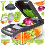 Set de tăiat manual pentru legume 16 în 1 cu 8 lame din oțel inoxidabil, recipiente, răzătoare și filtru - Ideal pentru pregătirea mesei, profesional pentru tăiat ceapa, morcovi și usturoi, esențial în bucătărie, pregătire legume | Gadget modern pentru bucătărie | Construcție din oțel inoxidabil, tăietor de legume