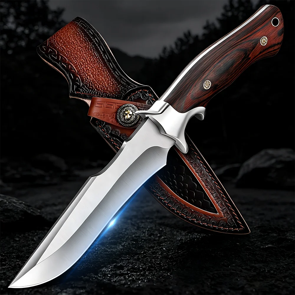 kf-S2b03ad9412984799a710222e6688324fY Fixed Blade Knife Kitchen Knife with Wooden Handle Leather Sheath for Cleaver Meat Fish Fruit Vegetable Slicing Cooking Butcher - imagine 1