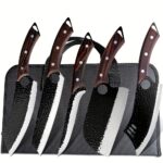 Set de 5 cuțite profesionale pentru bucătărie, Set de cuțite de bucătar, Cuțit de bucătar forjat manual, Perfect pentru cuțit de tăiat, Oțel inoxidabil 7Cr17Mov, Cuțit ascuțit cu mâner din lemn, Include geantă de transport pentru bucătărie