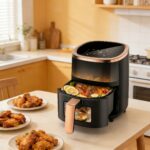 Friteuză cu aer cald 5.2L | 8-1 Moduri de gătit predefinite | Fereastre de vizualizare ușoară pentru cele mai bune rezultate de gătit | Gătește creveți, friptură, cartofi prăjiți, aripioare, pui și multe altele | Control precis al temperaturii și timpului | Negru, Crem