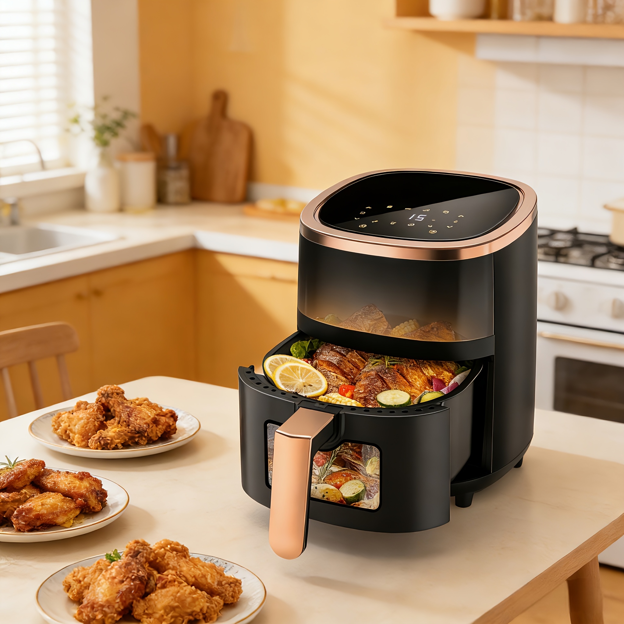 product-fancy-3fb49f82-d204-4cd1-a4c8-2218c8ecc1ee Friteuză cu aer cald 5.2L | 8-1 Moduri de gătit predefinite | Fereastre de vizualizare ușoară pentru cele mai bune rezultate de gătit | Gătește creveți, friptură, cartofi prăjiți, aripioare, pui și multe altele | Control precis al temperaturii și timpului | Negru, Crem - imagine 1
