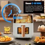 Friteuză cu aer cald 5.2L | 8-1 Moduri de gătit predefinite | Fereastre de vizualizare ușoară pentru cele mai bune rezultate de gătit | Gătește creveți, friptură, cartofi prăjiți, aripioare, pui și multe altele | Control precis al temperaturii și timpului | Negru, Crem - imagine 6