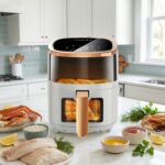 Friteuză cu aer cald 5.2L | 8-1 Moduri de gătit predefinite | Fereastre de vizualizare ușoară pentru cele mai bune rezultate de gătit | Gătește creveți, friptură, cartofi prăjiți, aripioare, pui și multe altele | Control precis al temperaturii și timpului | Negru, Crem - imagine 5