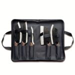 Set de 5 cuțite profesionale pentru bucătărie, Set de cuțite de bucătar, Cuțit de bucătar forjat manual, Perfect pentru cuțit de tăiat, Oțel inoxidabil 7Cr17Mov, Cuțit ascuțit cu mâner din lemn, Include geantă de transport pentru bucătărie - imagine 8