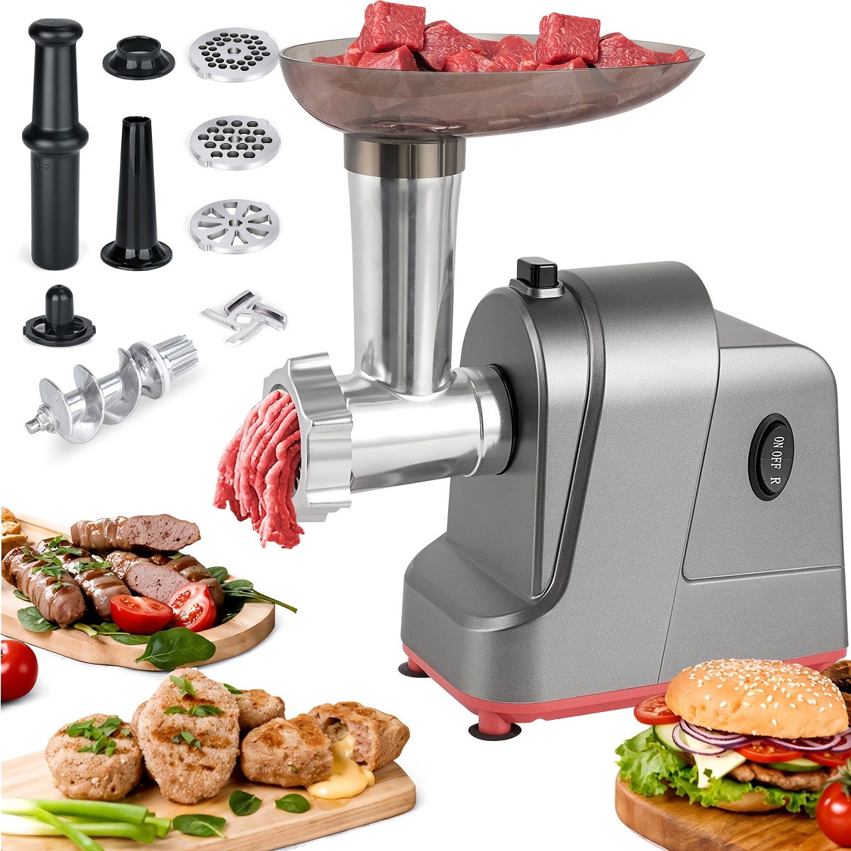 product-fancy-afbd95d9-5f31-479a-9073-d9094190aca6 Mașină electrică de tocat carne 3-în-1, tocător de carne cu accesorii pentru cârnați și chiftele - Motor de 350W din cupru pur 100%, 3 plăci din oțel inoxidabil (4/6/15mm), asamblare cu un singur buton, comutator de inversare, bază antiderapantă pentru bucătăria de acasă și cadou de Crăciun - imagine 1