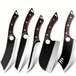Set de 5 cuțite profesionale pentru bucătărie, Set de cuțite de bucătar, Cuțit de bucătar forjat manual, Perfect pentru cuțit de tăiat, Oțel inoxidabil 7Cr17Mov, Cuțit ascuțit cu mâner din lemn, Include geantă de transport pentru bucătărie - imagine 5