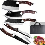 Set de 5 cuțite de bucătărie cu husă de transport, accesorii de bucătărie, set de cuțite de bucătar, set de bucătărie, cuțit de bucătar forjat manual, cuțit de tăiat, cuțit din oțel inoxidabil cu mâner din lemn, cuțit de bucătar, ustensile de bucătărie, gadgeturi și accesorii de bucătărie - imagine 3